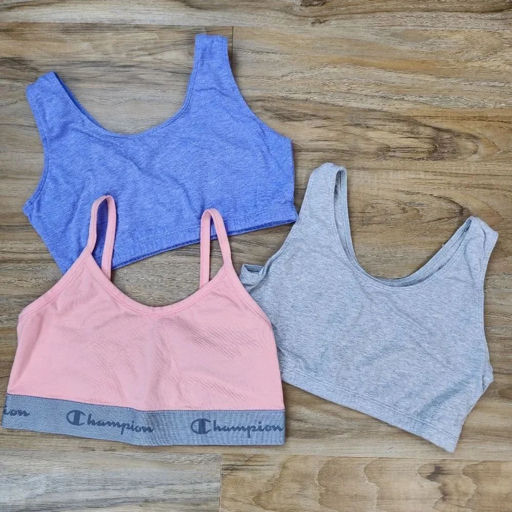 💛Champion & Fruit of the Loom Gray, Purple, & Peach Set of 3 Sports Bras Large